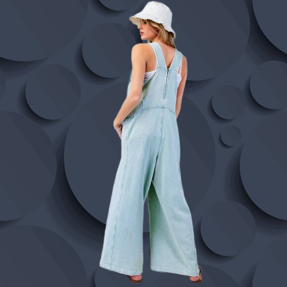 EASEL "Magical Muse" Mineral Washed Soft Terry Knit Wide Leg Loose Fit Jumpsuit - Picture 5 of 15